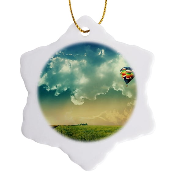 3drose, Hot Air Balloon Scene, Blue Sky, Green Grass, 3 inch Snowflake Porcelain Ornament