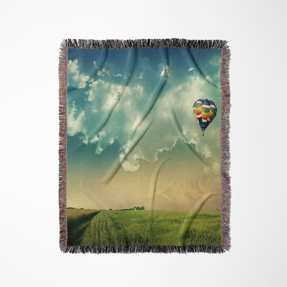 Hot Air Balloon Scene, Blue Sky, Green Grass, Woven Blanket