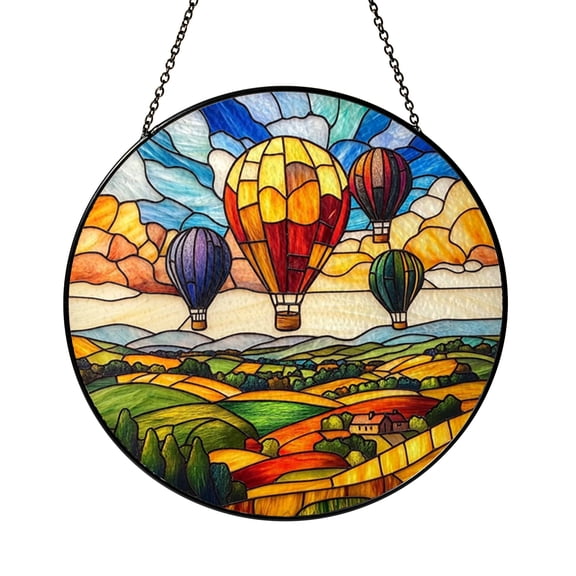 Hot Air Balloon Scene Window Ornament, Stained Glass Style Holiday Tree Hanging Decor