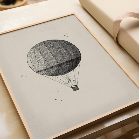 Hot Air Balloon Sketch Clouds Birds Decor Wall Art