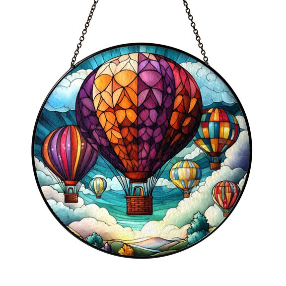 Hot Air Balloon Sky Scene Stained Glass Style Suncatcher Window Hanging Decor, Decorative Glass Panel Art Window Ornament Nature Decor