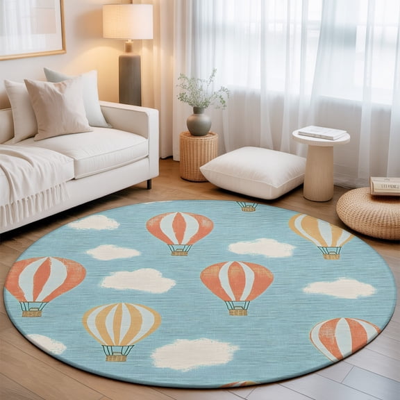 Hot Air Balloon Small Round Rug 3Ft Vintage Sky Clouds Rustic Nostalgic Area Rugs Washable Non Slip Indoor Floor Mats Circle Carpet for Living Room Bedroom Dining Room Home Decor