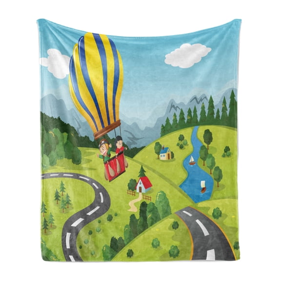 Hot Air Balloon Soft Flannel Fleece Blanket, Cartoon Style Mountains Fir Trees Cloudy Sky Farmhouse Illustration Print, Cozy Plush for Indoor and Outdoor Use, 70" x 90", Multicolor, by Ambesonne