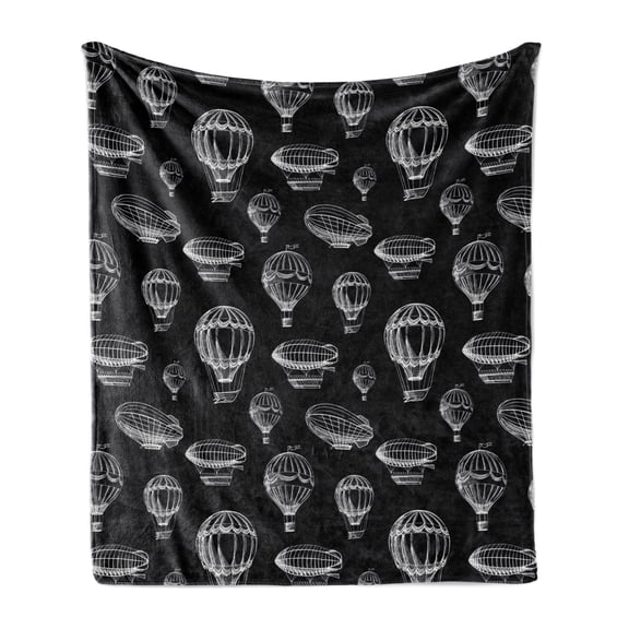 Hot Air Balloon Soft Flannel Fleece Blanket, Repetitive Airships Flying Cloudy Sky Sketch Motifs Illustration, Cozy Plush for Indoor and Outdoor Use, 70" x 90", Charcoal Grey White, by Ambesonne