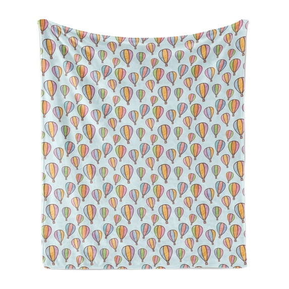 Hot Air Balloon Soft Flannel Fleece Throw Blanket, Pastel Colored Sky Vehicles Repetitive Print, Cozy Plush for Indoor and Outdoor Use, 50" x 70", Baby Blue Multicolor, by Ambesonne