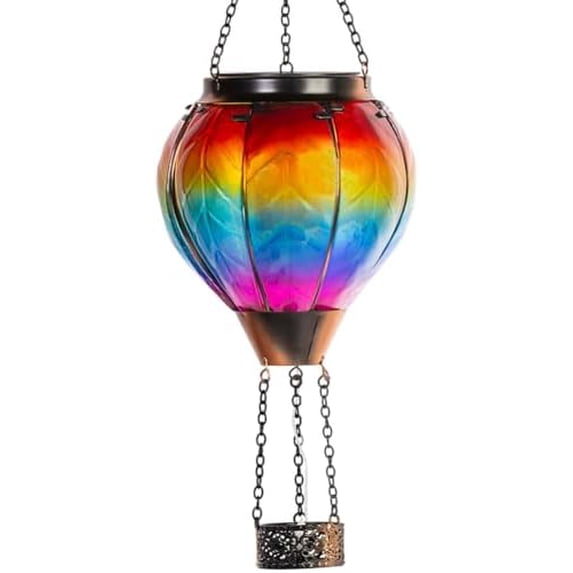 Solar Hot Air Balloon Hanging Lantern – Flickering Flame Outdoor Light, Waterproof Purple Glass Garden Decor With Hook