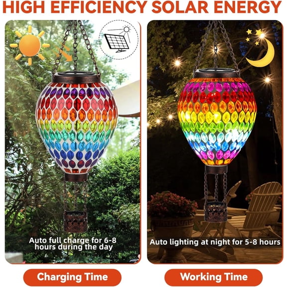 Hot Air Balloon Solar Lantern, Handmade Mosaic Solar Outdoor Hanging Wind Light, Waterproof, Patio Festive Decor, Gift for Mom Wife Friend, Rainbow Pattern