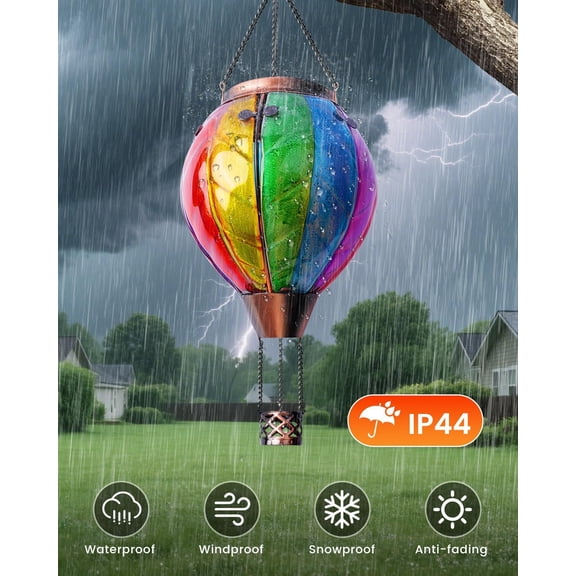Hot Air Balloon Solar Lantern, Rainbow Stain Glass LED Lights, Waterproof Hanging Solar Lantern with Flickering Flame Light for Yard Tree & Outdoor Garden Decor, Made of Glass, Easter Lights