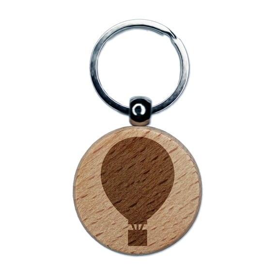 Hot Air Balloon Solid Round Keychain Charm Tag - Engraved Wood