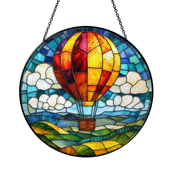 Hot Air Balloon Stained Glass Style Suncatcher, Vibrant Mountain Scene Window Art for Home Decor