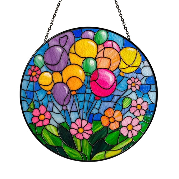 Hot Air Balloon Stained Glass Suncatcher Window Hanging Decor, Colorful Balloons Over Clouds Sun Catcher Ornament, Whimsical Sky Window Art Decoration, Decorative Landscape Window Hanging Gift