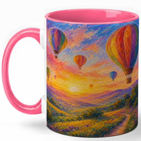 Hot Air Balloon Sunset 11oz Ceramic Mug, Colorful Travel Landscape Coffee Cup