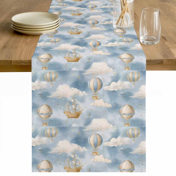Hot Air Balloon Table Runner - 36 Inch Long Cute Cartoon Blue Watercolor Cotton and Linen Blended Dress Scarves Farmhouse Table Runner for Kitchen Dining, Coffee Table, 13" x 36"
