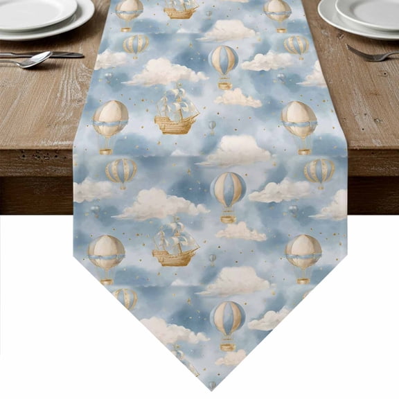 Hot Air Balloon Table Runner Linen Burlap Table Runner 48 Inches Long Cute Cartoon Blue Watercolor Dresser Scarves for Kitchen Island Coffee Dining Room Party Wedding Banquet Holiday Decor 13"x48"