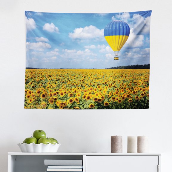Hot Air Balloon Tapestry, Striped Sky Transportation Soaring Clouds Birds Repetitive Illustration, Fabric Wall Hanging Decor for Bedroom Living Room Dorm, 2 Sizes, Multicolor, by Ambesonne