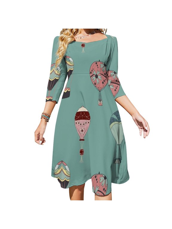 Hot Air Balloon Womens Summer Dress Tie Back A Line Flare Dress