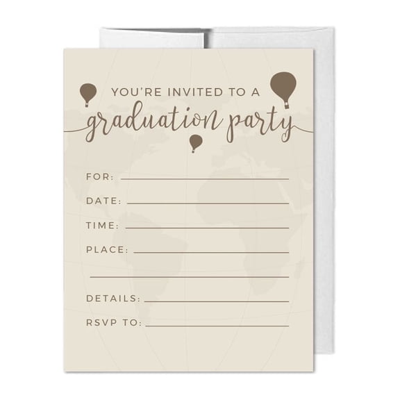 Hot Air Balloon World Map, Vintage Tan Brown, Blank Invitations with Envelopes, 20-Pack
