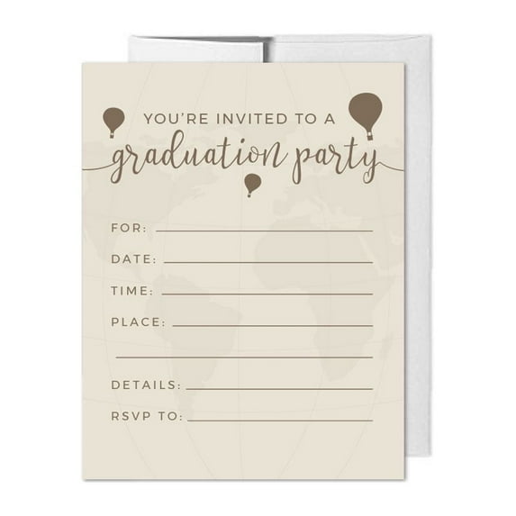 Hot Air Balloon World Map, Vintage Tan Brown, Blank Invitations with Envelopes, 20-Pack