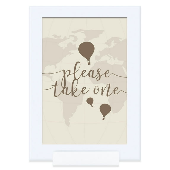 Hot Air Balloon World Map, Vintage Tan Brown, Double-Sided 4x6-inch, Please Take One, Includes Reusable Frame