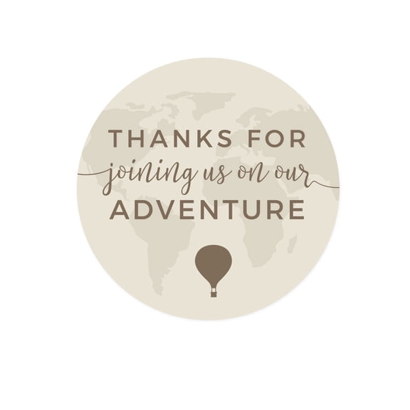 Hot Air Balloon World Map, Vintage Tan Brown, Round Circle Stickers, Thank You for Joining Us on Our Adventure, 40-Pack