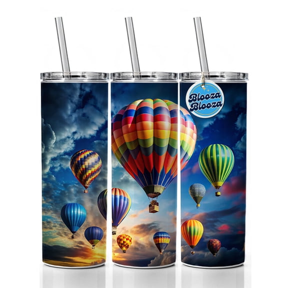 Hot Air Balloons Against a Cloud Covered Deep Blue Sky 20oz Insulated Water Bottle Skinny Tumbler Includes Straw