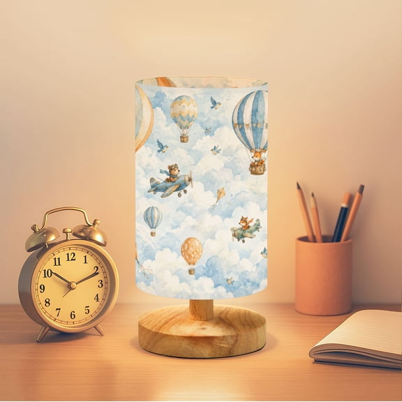 Hot Air Balloons Bedside Table Lamp for Bedroom 16 Color Dimmable Small Desk Lamp Whimsical Airplanes Cloudy Sky Cute Animals Nightstand Lamp with Remote Wooden Base Linen Shade for Gift