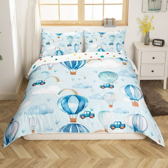 Hot Air Balloons Duvet Cover Set Full Size,Cartoon Car Transport Vehivle Bedding Set, Room Decor,Clouds Sky Rainbow Dreamy Comforter Cover,Blue Quilt Cover,2 Pillowcases(No Filler)