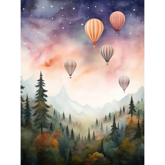 Hot Air Balloons Over Misty Forest Landscape Watercolour Painting Orange Green Purple Dreamy Dusk Sky Stars Kids Bedroom Large Wall Art Poster Print Thick Paper 18X24 Inch