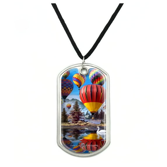 Hot Air Balloons Mountain Reflections Military Dog Tag Pendant Necklace with Cord