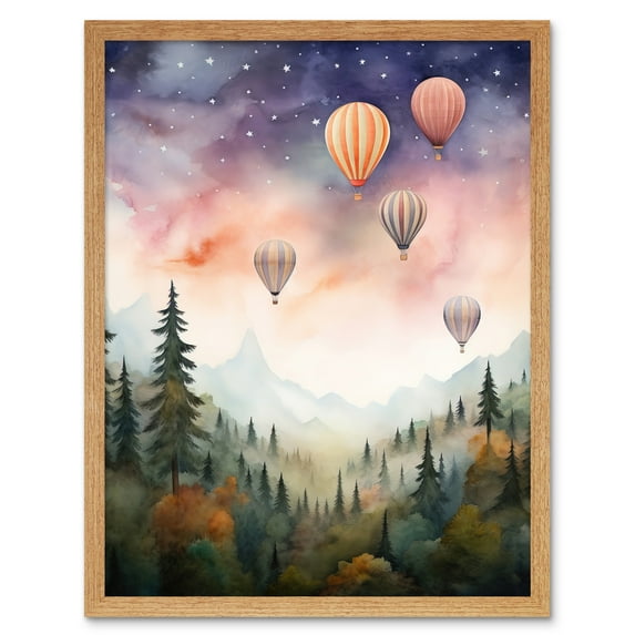 Hot Air Balloons Over Misty Forest Landscape Watercolour Painting Orange Green Purple Dreamy Dusk Sky Stars Kids Bedroom Art Print Framed Poster Wall Decor 12x16 inch