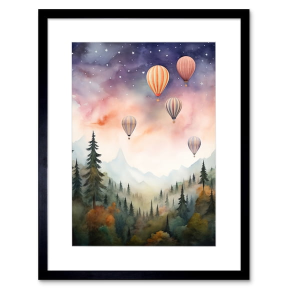 Hot Air Balloons Over Misty Forest Landscape Watercolour Painting Orange Green Purple Dreamy Dusk Sky Stars Kids Bedroom Artwork Framed Wall Art Print 9X7 Inch
