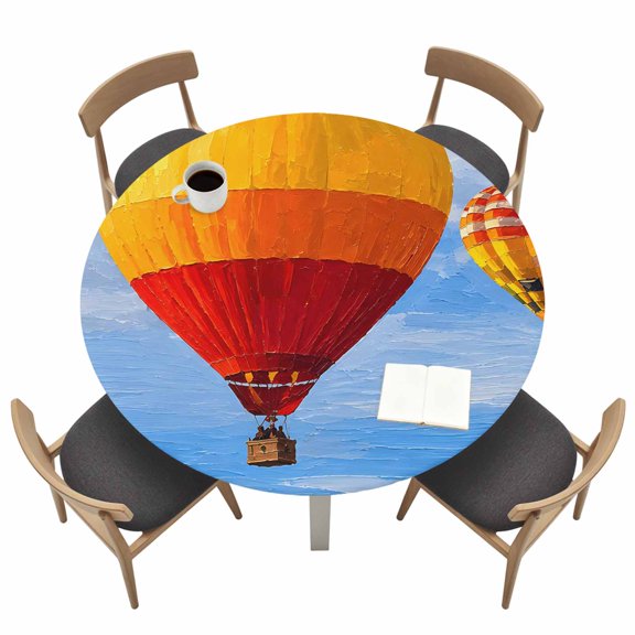 Hot Air Balloons Round Fitted Table Cover Modern Travel Yellow Red Blue Sky White Clouds Waterproof Table Cloth with Elastic Edge Wipeable Tablecloth for Picnic Camping Party Fits 36"-44" Tables