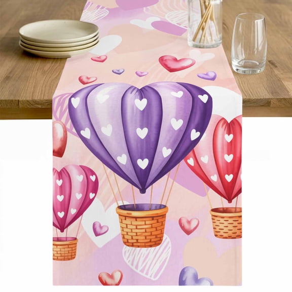 Hot Air Balloons Table Runner - 36 Inch Long Valentine's Day Watercolor Love Balloons Cotton and Linen Blended Dress Scarves Farmhouse Table Runner for Kitchen Dining, Coffee Table, 13" x 36"