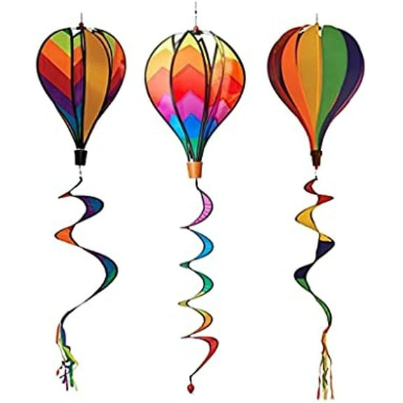 Hot Air Balloons Windsocks Spiral Windmill Garden Yard Decor, Rainbow, 55", 3 Piece