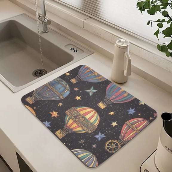 Hot Air Balloons on Dark Dish Drying Mat for Kitchen Counter Absorbent Drainer Mats (15.7X11.8Inch)