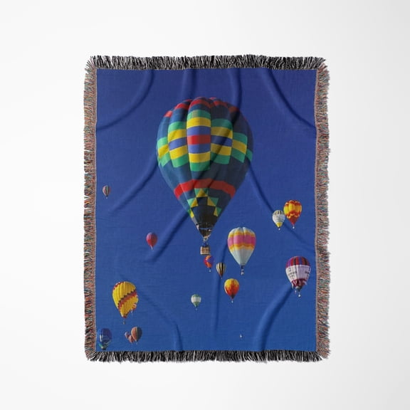 Hot Air Baloon Scene, Blue Sky, Woven Blanket