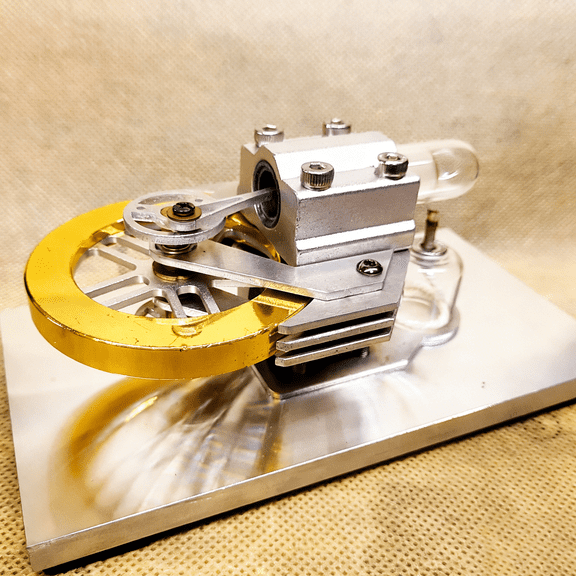 Hot Air Stirling Engine Model, Air-Cooled Heat Powered Engine with Brass Flywheel, Aluminum Base & Quartz Glass Cylinder for Thermodynamics Demo