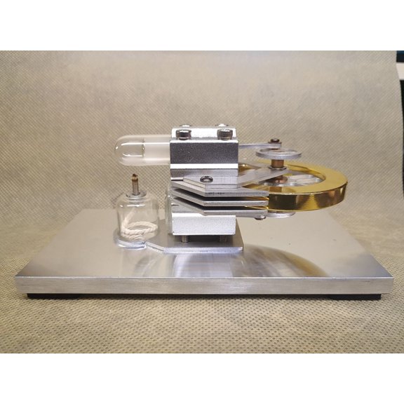 Hot Air Stirling Engine Model, Air-Cooled Heat Powered Engine with Brass Flywheel, Aluminum Base & Quartz Glass Cylinder for Thermodynamics Demo