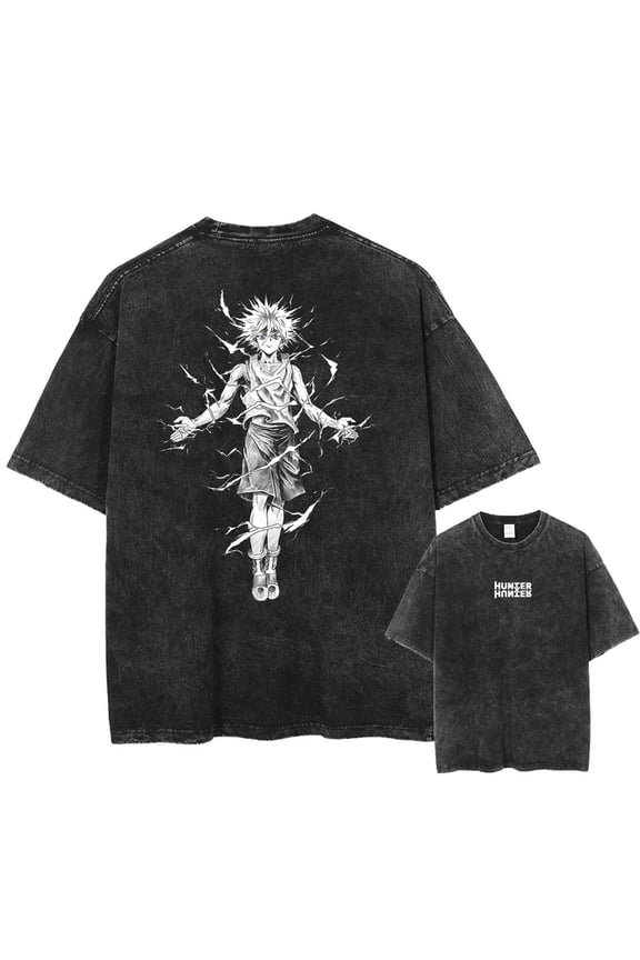 Hot Anime HUNTER×HUNTER Killua GON Graphic Print Washed TShirt Oversized Cotton Tshirts Harajuku Harajuku Vintage Trendy T Shirt