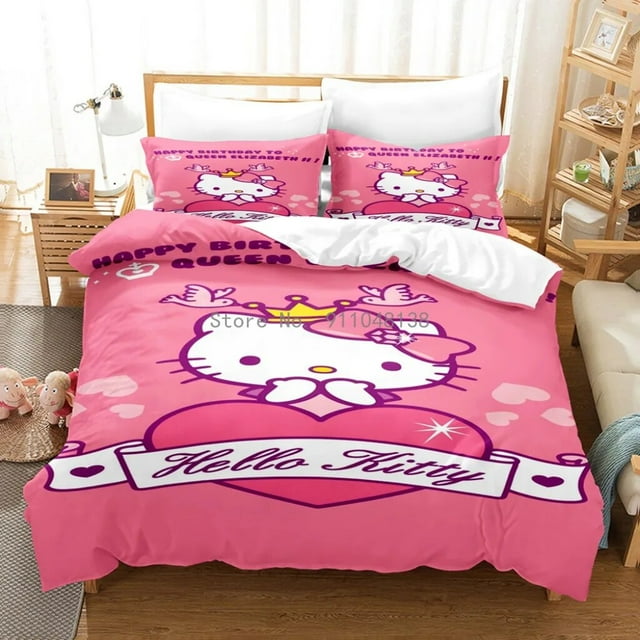 Hot Anime Hello Kitty 3D Duvet Cover with Pillow Case Bedding Set ...