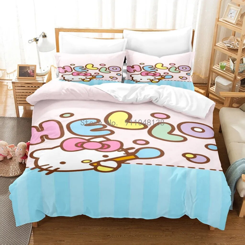 Hot Anime Hello Kitty 3D Duvet Cover with Pillow Case Bedding Set ...