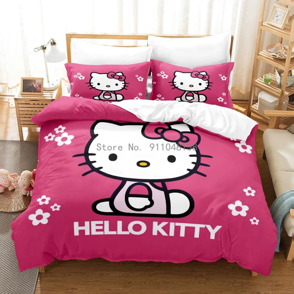 Hot Anime Hello Kitty 3D Duvet Cover with Pillow Case Bedding Set ...