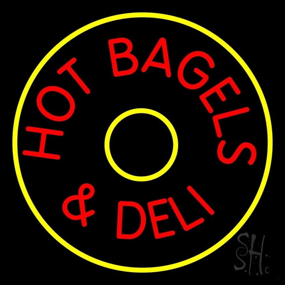 Hot Bagel And Deli LED Neon Sign 24 x 24 - inches, Black Square Cut Acrylic Backing, with Dimmer - Bright and Premium built indoor LED Neon Sign for restaurant window and interior decor.