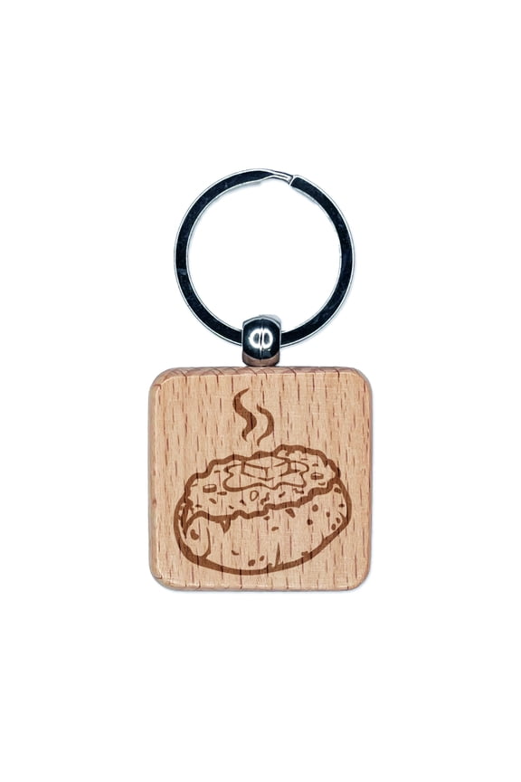 Hot Baked Potato with Chives and Butter Square Keychain Charm Tag - Engraved Wood
