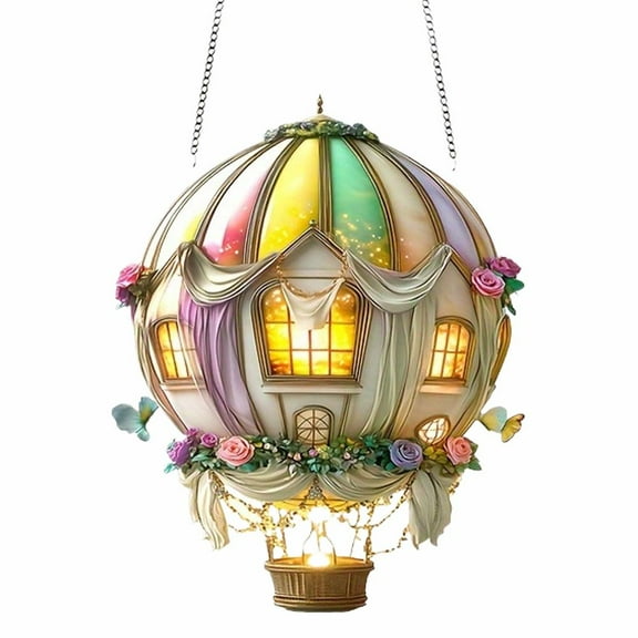 Hot Balloon Solar Lantern with Flickering Flame Light, 2D Flat Acrylic Lantern, Outdoor Hanging Lights Waterproof, Glass Solar Hanging Lights for Garden Yard Patio Decoration