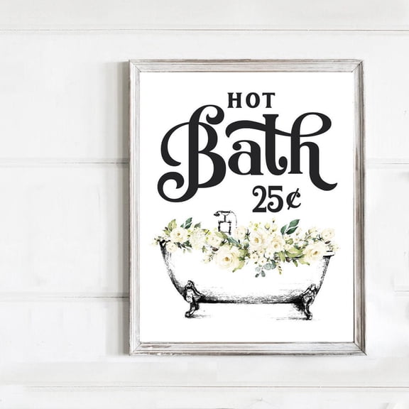 Hot Bath 25 Cents White Bathtub w/ White Floral Bathroom Wall Art, Vintage Bathroom Wall Decor Unframed Paper Print