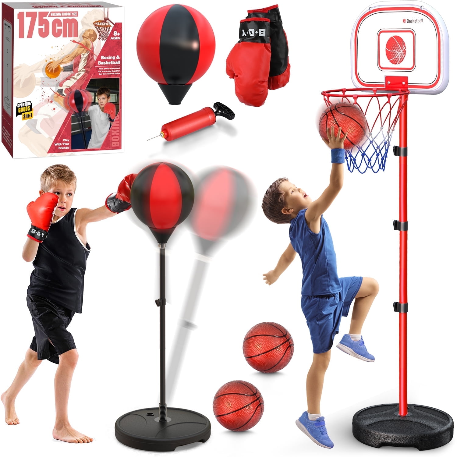 Hot Bee 2 in 1 Kids Basketball Hoop&Punching Bag, Boxing Set with Gloves, 69 inch Adjustable Height for All Ages, Indoor/Outdoor Sports Game Christmas Gifts Toys for Boys 5-7, 8-11 12+