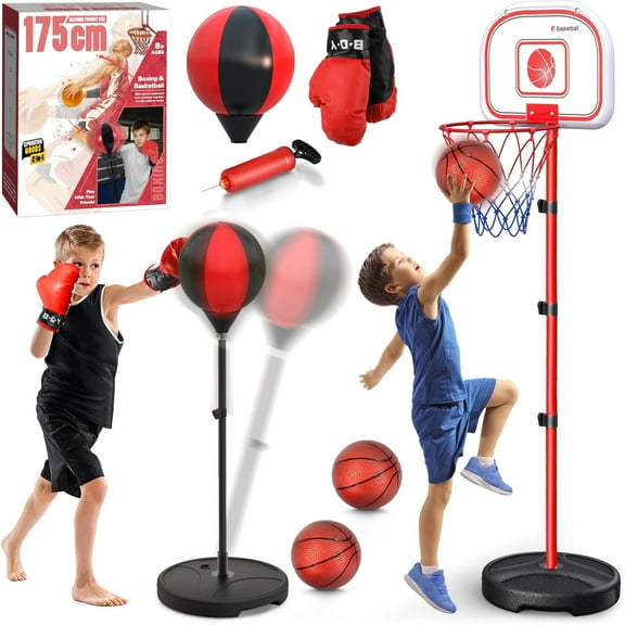 Hot Bee 2 in 1 Kids Basketball Hoop&Punching Bag, Boxing Set with Gloves, 69 inch Adjustable Height for All Ages, Indoor/Outdoor Sports Game Christmas Gifts Toys for Boys 5-7, 8-11 12+