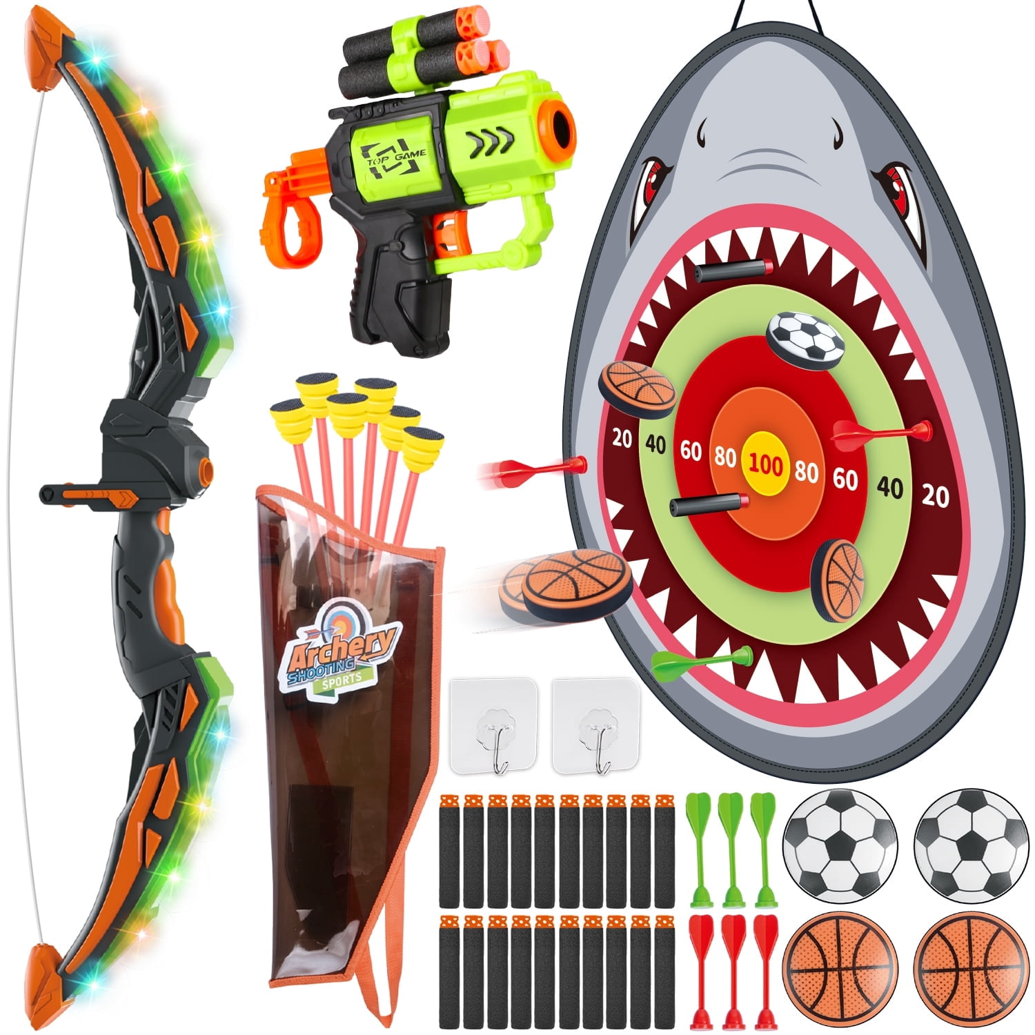 Carsky 2-in-1 Archery & Foam Blaster Target Set for Kids, Indoor Outdoor Shooting Toys with LED Bow, Sticky Balls, Soft Darts, Gift for Boys Girls Ages 5-8