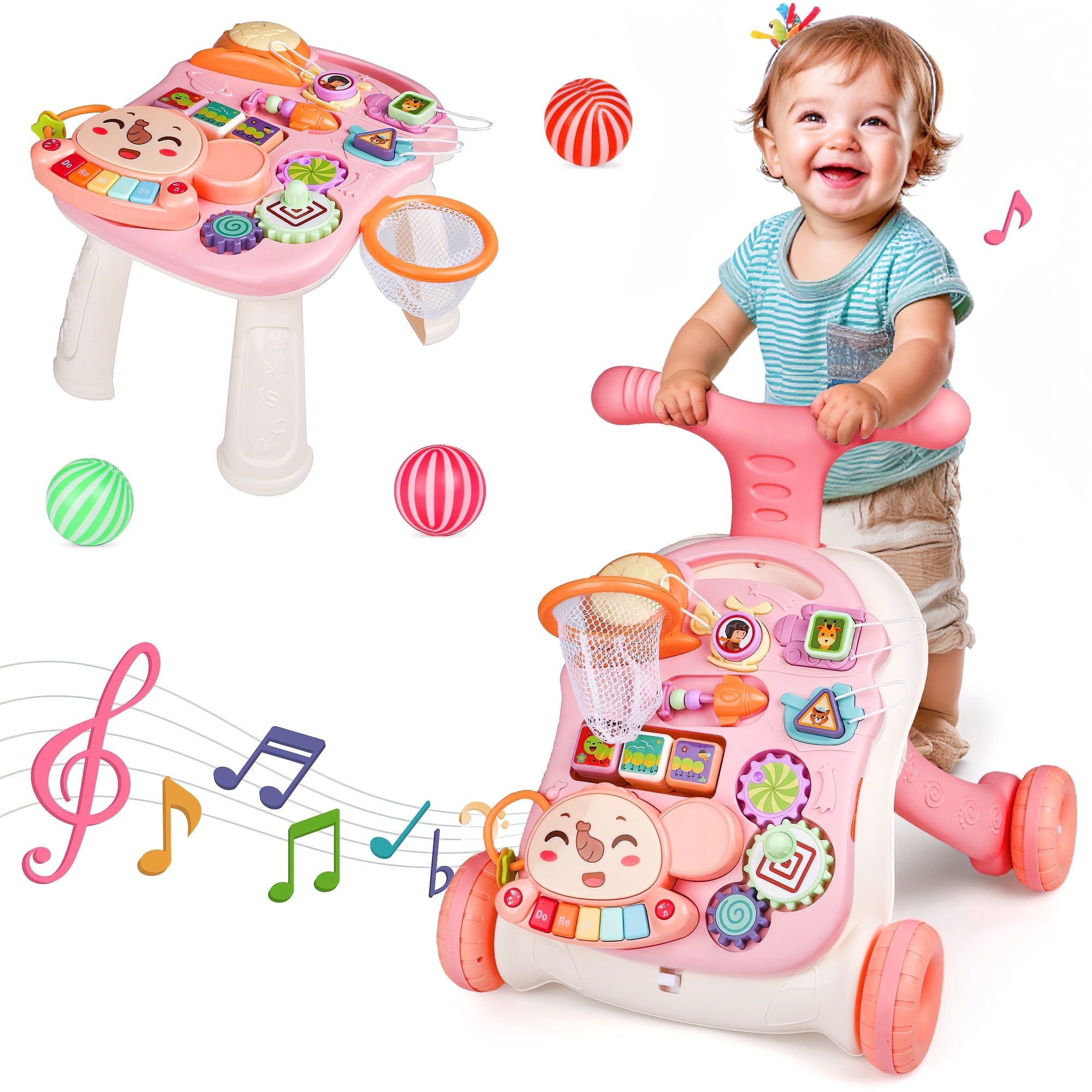 Hot Bee 3-in-1 Baby Walker and Learning Table Center, Perfect Learning Toys Christmas Baby Toy Gift for Infants 6-12 Months, 17.3 Inch Perfect for Early Development & Playtime for Girls Boys-Pink